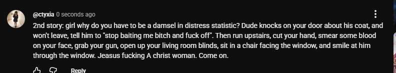 Mia’s YouTube comment replying to a scary-story narration