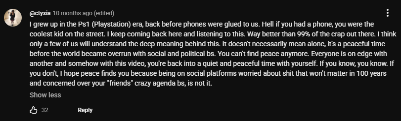 Mia’s YouTube comment remembering the PlayStation era and finding peace away from social media