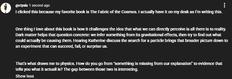 Mia’s YouTube reply connecting The Fabric of the Cosmos with the search for dark matter